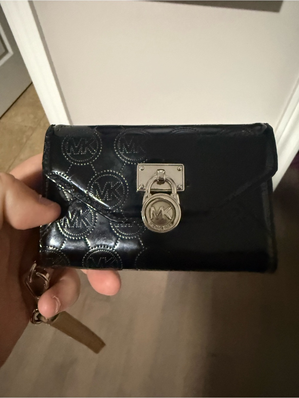Michael Kors Black Patent Leather MK Logo Wallet Wristlet